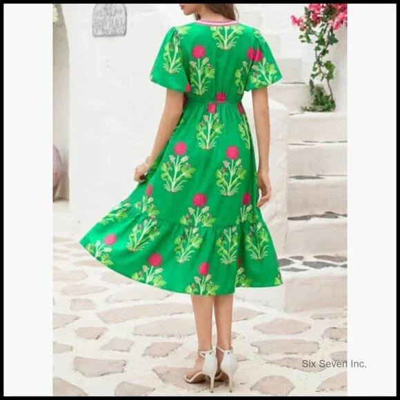 Summer Floral Maxi Dress with Puff Sleeves and V-Neck - Picture 2 of 7
